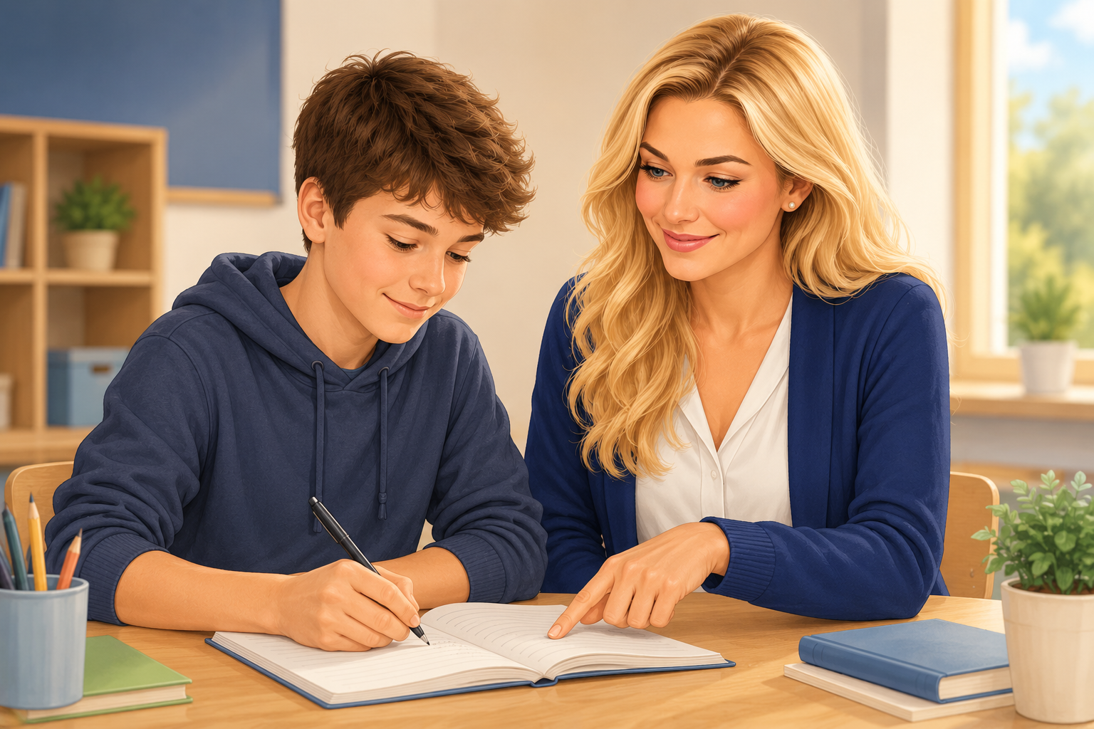 Špeciálna pedagogička pomáha žiakovi pri písaní úlohy